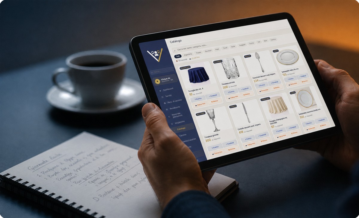 Il catalogo materiali di Vivium consultato da tablet, la sera, con un caffè